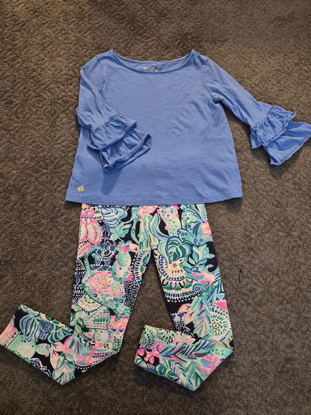 Lilly Pulitzer Girls Outfit Blue Ruffle Maize Top & Maia Lookin Sharp Leggings M